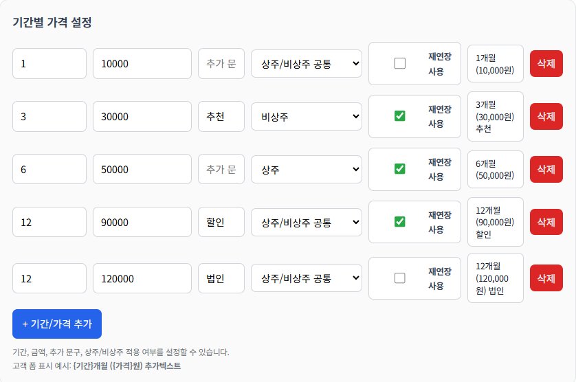 기간별 가격 설정 — 예: 1개월 10,000원 / 3개월 30,000원(비상주·추천) / 12개월 90,000원(할인)